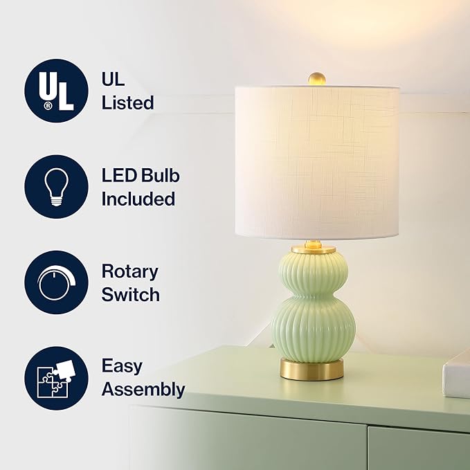 JONATHAN Y 20" Mint Green/Brass Gold Ribbed Gourd Glass Table Lamp, Modern Bedside Lamp for Bedroom Living Room, White Linen Drum Shade, LED Bulb Included (JYL1099F)
