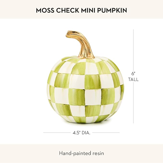 MACKENZIE-CHILDS Pumpkin, Resin Halloween and Fall Decor, Mini, Olive-Green Moss Check