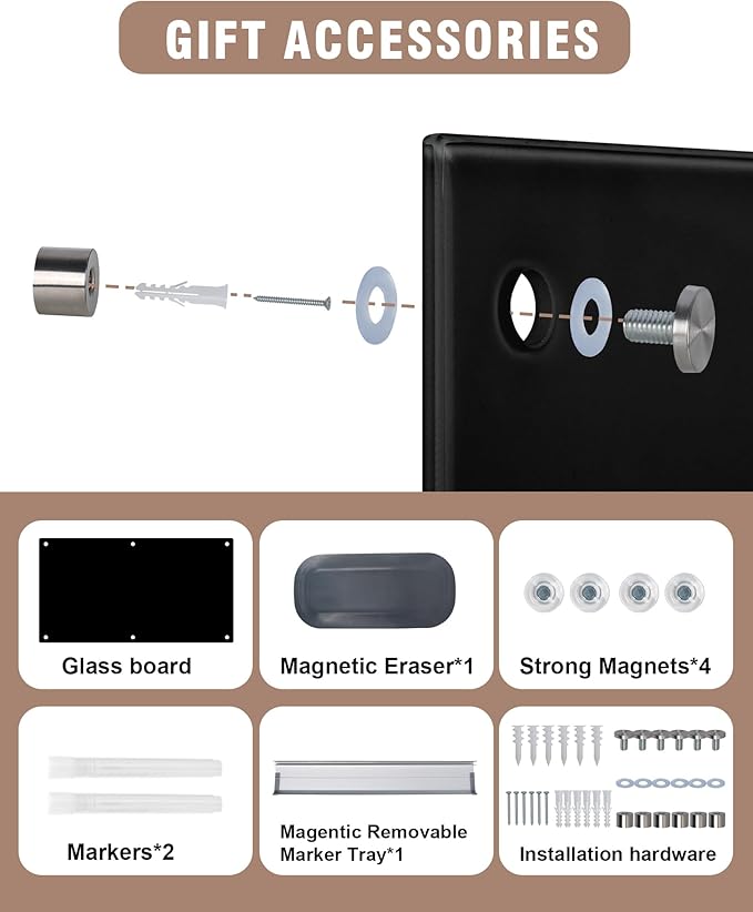 Mifuro Magnetic Glass Whiteboard，96"x48" Wall Mounted Frameless Dry Erase Board for Office, Home & School Black