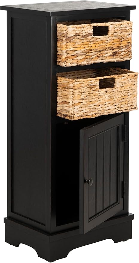 SAFAVIEH Home Collection – Connery Distressed Black Storage Cabinet with Rattan Baskets & Bottom Door, Farmhouse Accent Storage, Fully Assembled (AMH5742A)