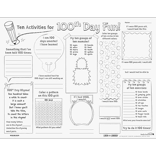 Really Good Stuff Ready-to-Decorate Ten Activities for 100th Day Fun! Posters - 24 Posters