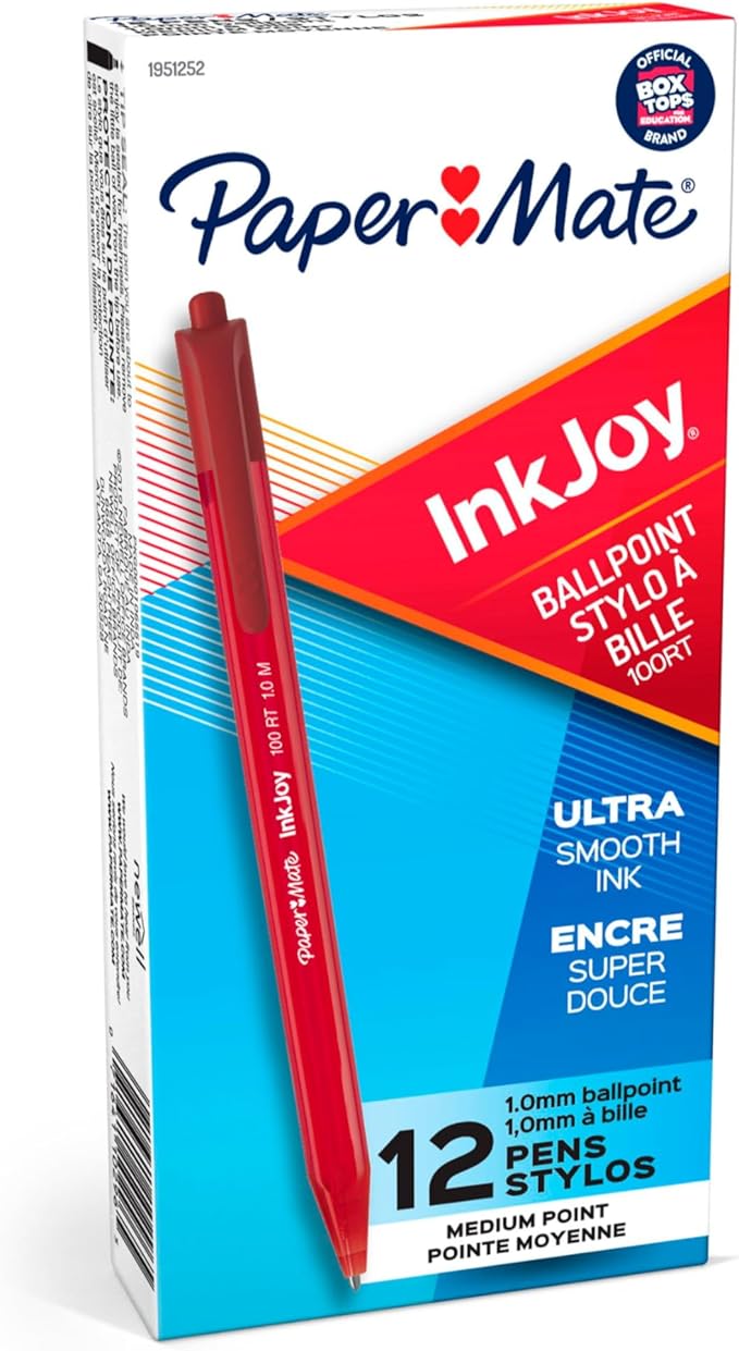 Paper Mate InkJoy 100RT Retractable Ballpoint Pens, Medium Point, Red, Box of 12