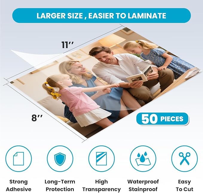 T&W SAME FILM 50 Pack Self Adhesive Laminating Sheets, 4mil, 8 x 11 Inch Laminator Sheets, Self Sealing Laminating Sheets for Laminator, Round Corner, No Heat, No Machine Needed