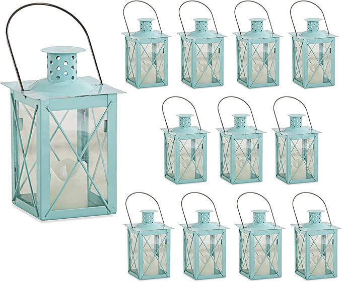Kate Aspen Medium Decorative Lanterns - Set of 12 - Luminous Blue Metal Lantern Tealight Candle Holders Centerpieces for Wedding, Home Decor and Party - 6.3" H (8.9" H with Handle)