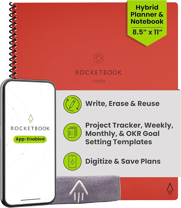 Rocketbook Fusion Reusable Undated Productivity Planner, Letter Size 8.5x11, Red - Goals, Monthly and Weekly Calendar, Daily To-do List, Lined and Dotted Notes Pages