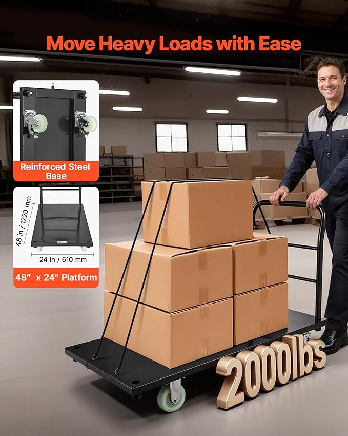VEVOR Heavy Duty Platform Truck, 2000 LBS Industrial Steel Flatbed Cart with 360° Swivel Wheels, Platform Push Cart Dolly, Easy Storage for Warehouse/Garage/Moving/Garden (48" x 24" x 32")