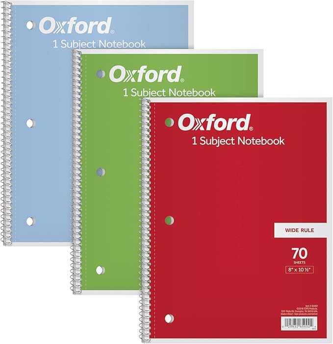 Oxford 1-Subject Notebooks, School Journal, 8 x 10-1/2 Inch, Wide Rule Paper, 70 Sheets, 3-Hole Punch, 3 Count, Red, Blue, Green, Color Assortment May Vary (65029) (Pack of 8)
