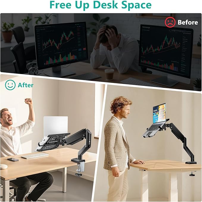 WALI Single Arm Laptop and Monitor Desk Mount for 17" Notebook and Up to 32" Screen, 2-in-1 Adjustable Gas Spring Monitor Arm with Laptop Tray, VESA 75x75 100x100,Holds 22-26.4 lbs, Black (GSMP001NLP)