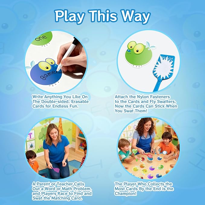 28 Fly Cards,4 Fly Swatter, Fly Swatting Games, Sight Words Games, Math Game for Kids, Blank Cards,Erasable, Card 4 Inch