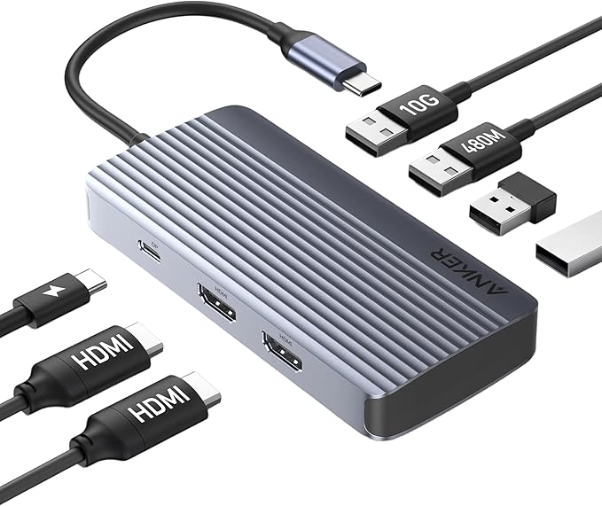 Anker 7-in-1 USB-C Hub, Dual Monitor USB C Docking Station, Dual HDMI Display, 85W Max Output, 10Gbps Data Transfers for Dell XPS, ThinkPad T14 Gen2 and More