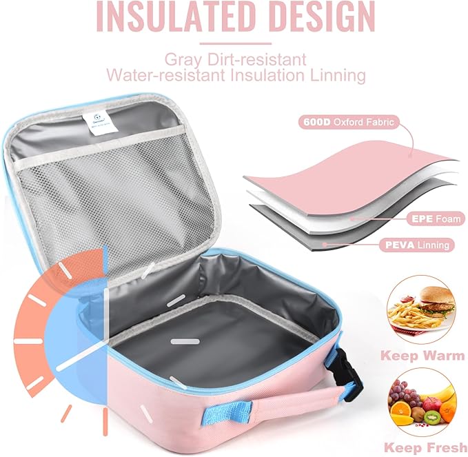 Genteen Lunch Box Kids,Insulated Lunch Bag Kids Girls,Soft Bag Small Cooler Back to School Thermal Meal Tote Kit Lunch Box for School,Work,Outdoor (Pink)