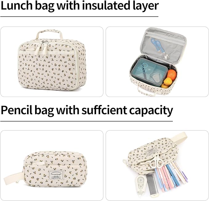 Backpack for Girls Boy Teen Corduroy Bookbags Elementary Middle High School Women Laptop Bag with Lunch Box Pencil Bag (Flower Beige)