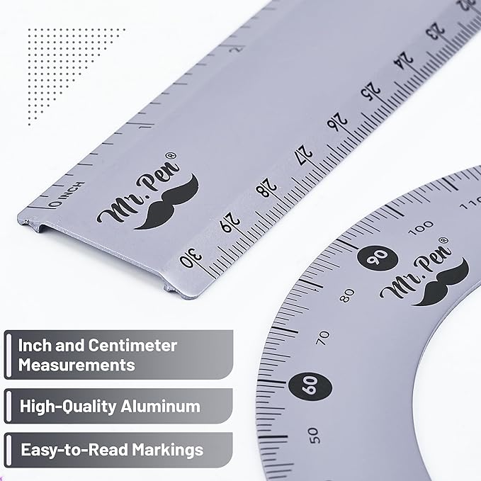 Mr. Pen- Geometry Set, 4 Pack, Periwinkle Gray, Metal Geometry Kit, Triangle Ruler, Metal Ruler, Drafting Triangles, Metal Protractor, Metal Set Square, Drafting Ruler, Drafting Set