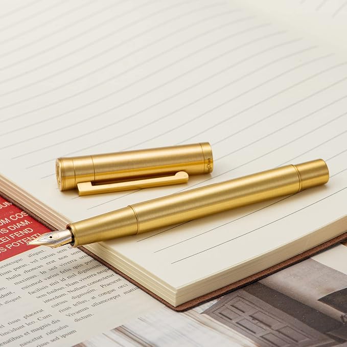 Hongdian Pure Brass Fountain Pen Bent Nib Fude Pen for Calligraphy Writing (Fine to Broad) with Refillable Converter and Metal Pen Box Set