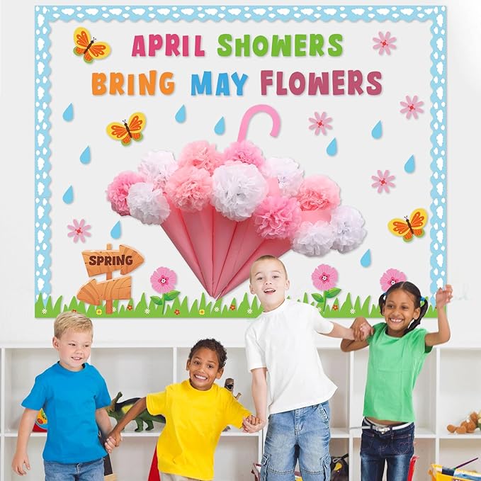 April Showers Bring May Flowers Bulletin Board with 3D Tissue Paper Pompoms Summer Floral Classroom Decoration Umbrella Clouds Flower Cutouts for Window Home Class School Nursery Supplies