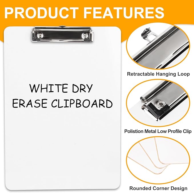Dry Erase Wood Clipboard 4 Pack, Hardboard Clip Board 8.5x11 for Classroom, Students, Kid, Size 9" x 12.5", Double-Sided White Board, with Low Profile Clip, Office & School Supply