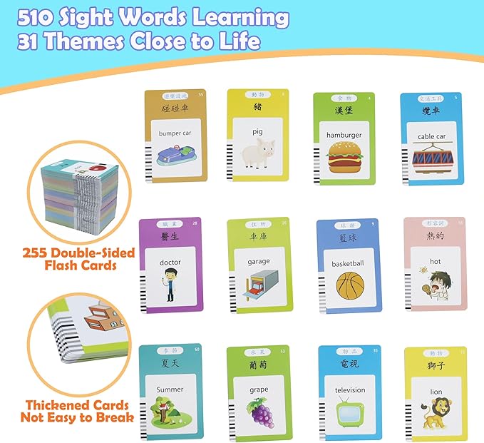 MAYAPHILOS 510 Sight Words Talking Flash Cards Cantonese and English, Trilingual Learning Flashcard Toys, Learn Cantonese and Chinese for Kids, Audible Pocket Speech for Toddlers