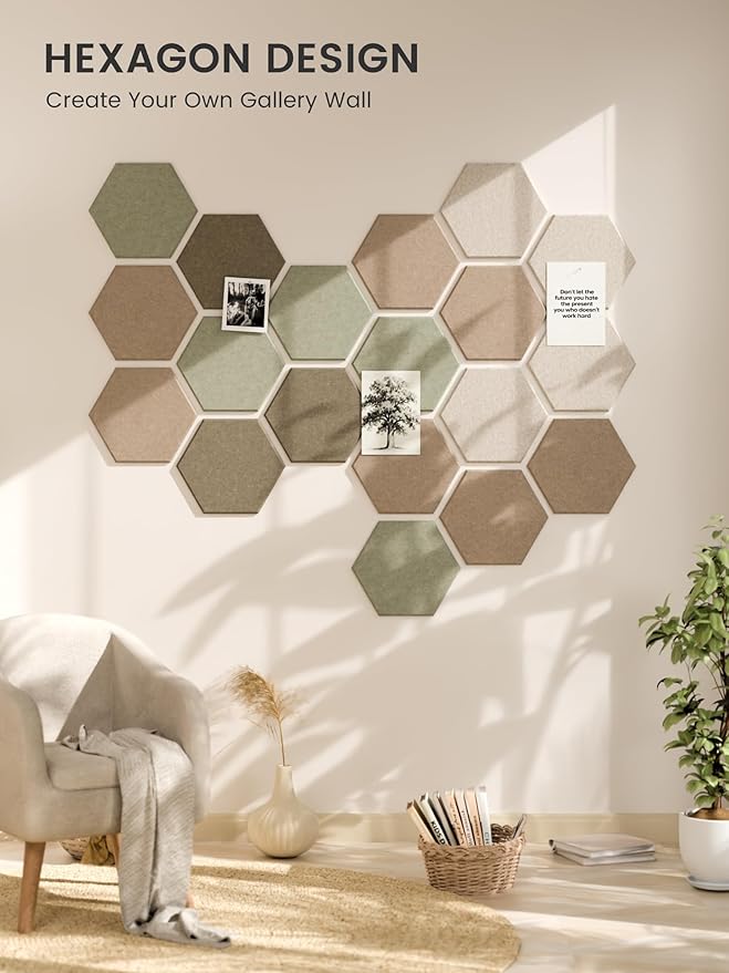 Fluxynara Hexagon Cork Board Alternative for Walls Decor-8-Pack Felt Bulletin Board Tiles,with 30 Pushpins,50 Adhesive Tabs for Office,Classrooms & Home Pin Board Felt Board-Linen Dusk