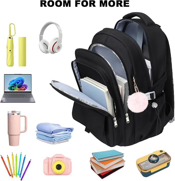 School Bag for Teens Girls,Girls Backpack Set,3 PCS Kids Backpack for Women,15.6 Inch Laptop Middle High School College Student Casual Travel Daypack with Lunch Box Pencil Pouch Set(Black)