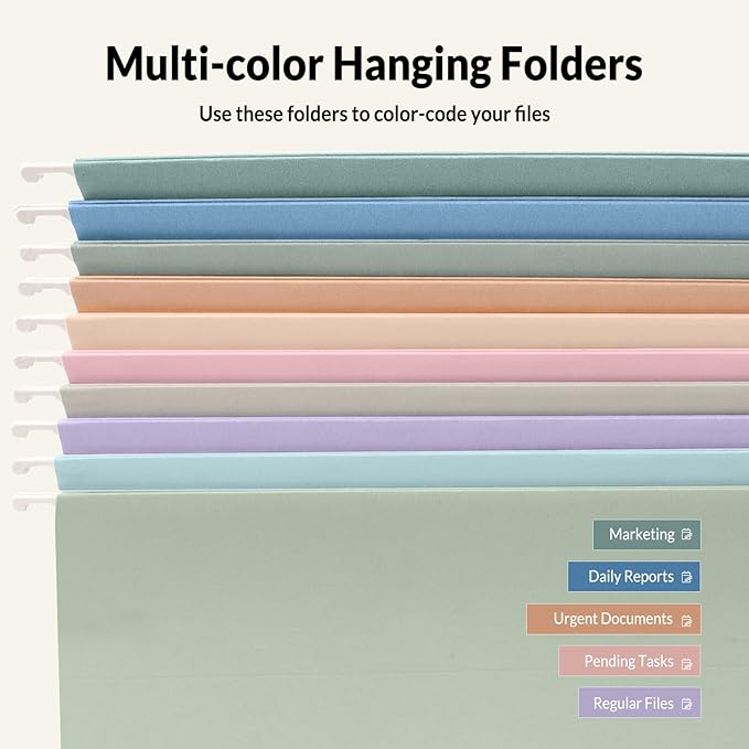 SUNEE Hanging File Folders, 50 Pack Letter Size Hanging File Folders with 1/5-cut Tabs, Stay Organized for Your Home and Office Bulk File, Documents and Paper, 10 Pastel Colors