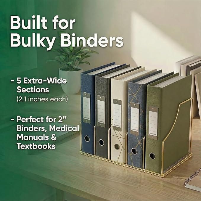 Simmer Stone Gold Binder Organizer for Desk, 5 Slot Metal Wire Vertical File Sorter with Mesh Bottom, Large Desktop Magazine Holder Rack for 2 Inch Binders, Medical Coding Books, Vinyl Records, 12.1"