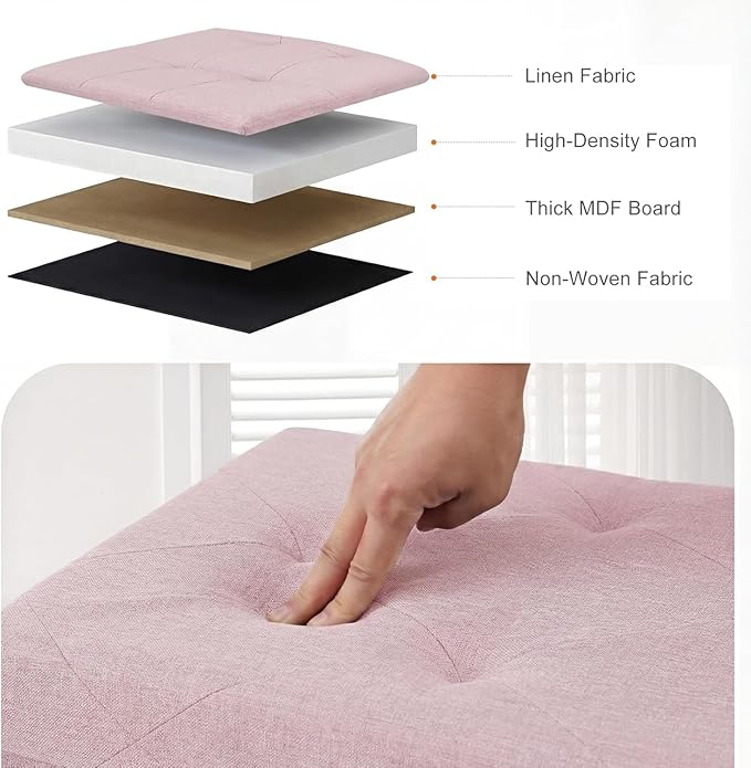 30 Inches Folding Storage Ottoman Bench, Ottoman Foot Rest, Storage Chest, End of Bed Foot Rest Stool with Padded Seat for Living Room, Bedroom, Entryway, Support 660lbs, Linen, Pink