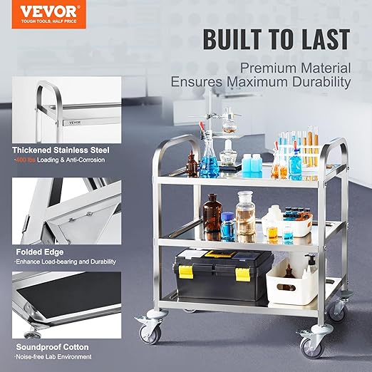 VEVOR Stainless Steel Cart, 3 Layers Lab Utility Cart 400 lbs Weight Capacity, Medical Cart with Lockable Universal Wheels, for Lab, Clinic, Kitchen, Salon
