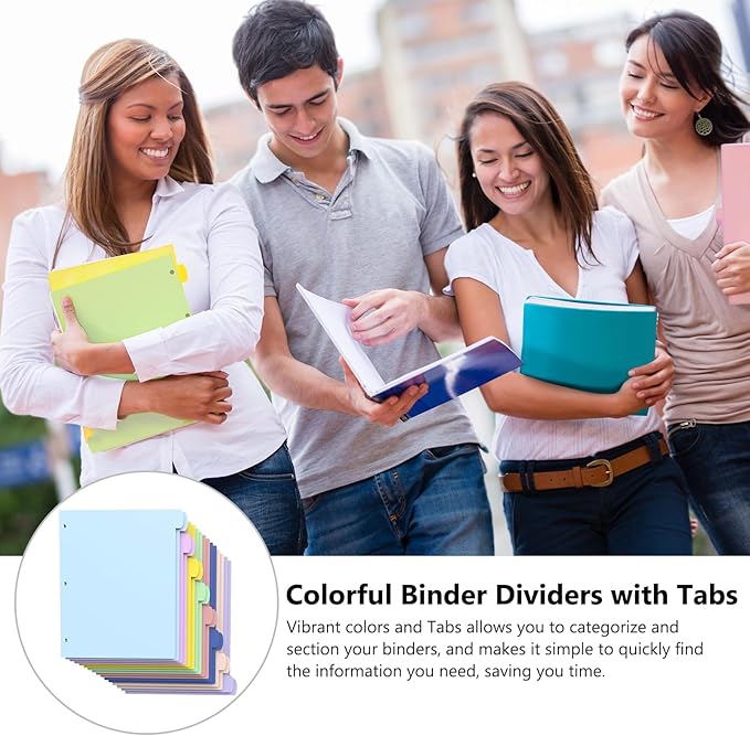 HABGP 96Pcs/12 Set 3 Ring Binder Dividers with Tabs, 8 Color Tab Divders for 3 Ring Binder, Plastic Pastel Page Folder Dividers Sheet Protectors, Three Ring Binder Index Dividers for Notebook