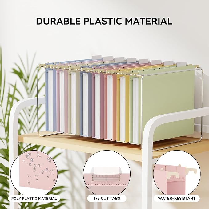 Ansook Plastic Letter Size Hanging File Folders,Heavy Duty 1" Expansion,12 Pack Extra Capacity File Cabniet Folders,Pastel File Folders Hanging with Tabs,Office School Desk Hanging File Organizer