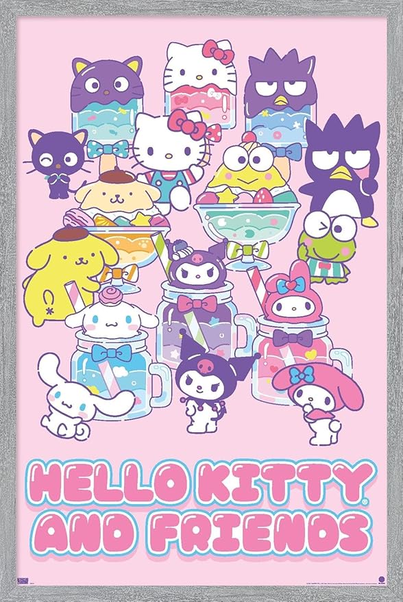 Trends International Hello Kitty and Friends: 24 Summer Fresh - Group Wall Poster, 22.4L x 14.7W, Gray Framed Version