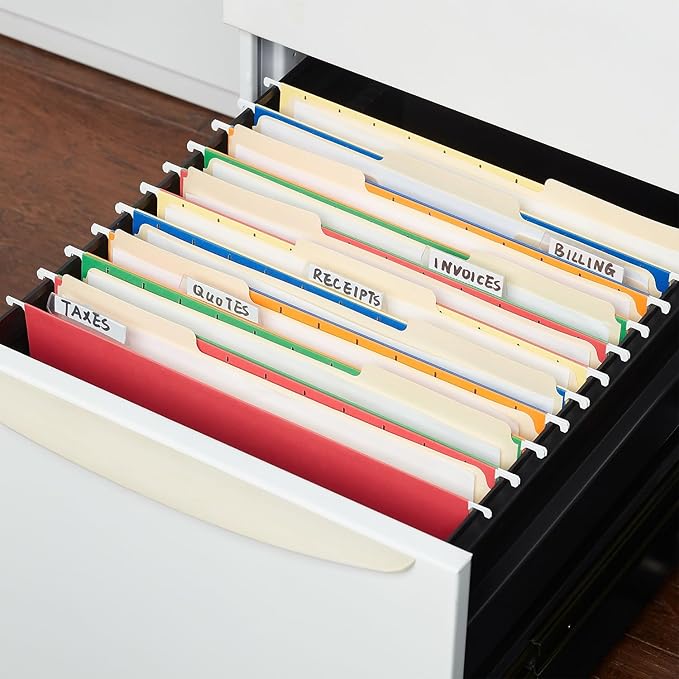 Staples Hanging File Folders, Letter Size, 1/5‑Cut Tabs, Assorted Colors, Adjustable Tabs with Paper Inserts – 25/Pack