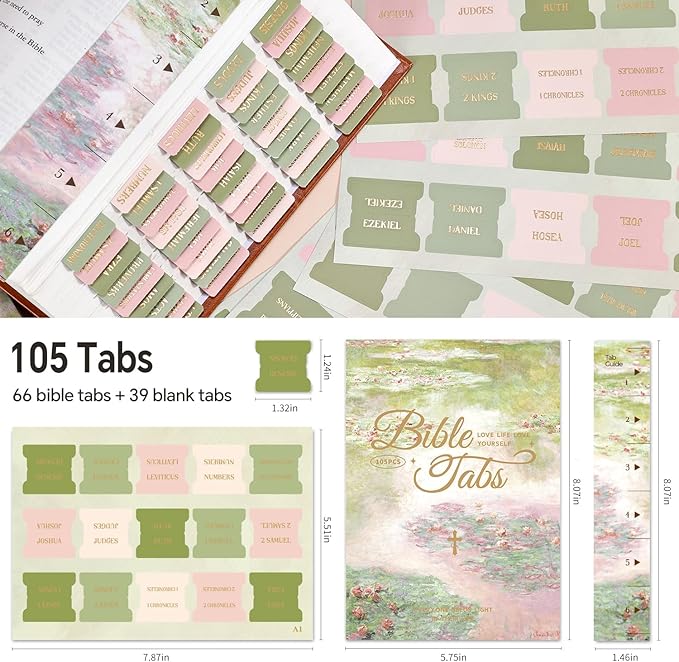 Bible Tabs, 66 Gold Foil Pre-Printed Chapter Labels + 39 Blank Water Lilies Theme Laminated Index Tabs with Alignment Ruler, Bible Journaling Study Supplies for Women & Men, Bible Sticker Accessories
