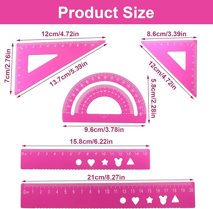 5-Piece Metal Geometry Set, Aluminum Ruler Drafting Kit Protractor & Triangular Rulers Precision for Engineers, Students, Math Measurement Tools(Pink)