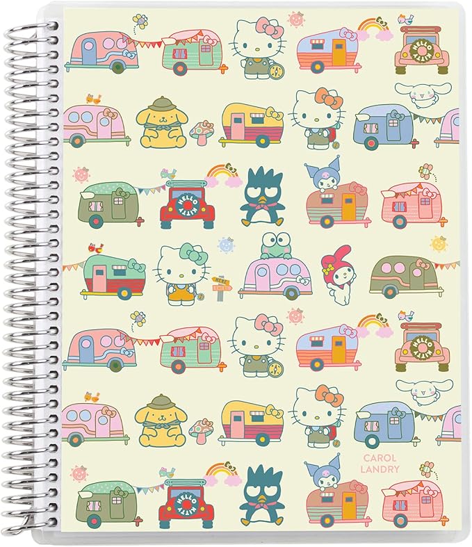 Erin Condren 7" X 9" Hello Kitty & Friends Coiled Notebook (Lined Paper) - Happy Campers Cover And Platinum Coil, 160 Pages 80 Lb, Heavy Duty Paper, Sticker Sheet Included