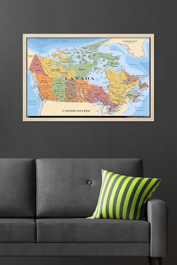 Map - Canada Wall Poster, 34L" x 22.4W", Blonde Framed Version