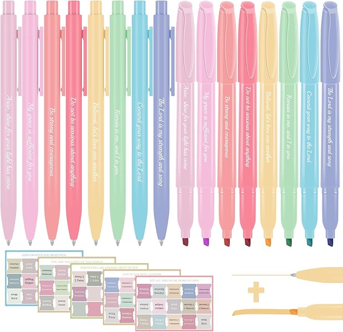 7-ackz Bible Highlighters Assorted Colors and Gel Pens Set, 8 Pastel Highlighter Markers 8 Colored Ink Gel Pens, 75 Tabs,Quickly Dry for Bible Study, Motivational Gift for Christians