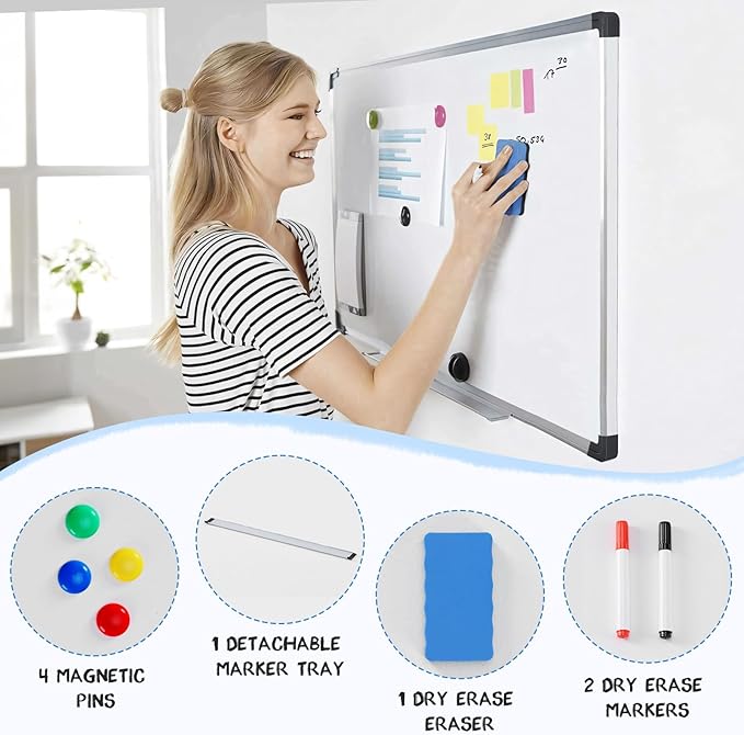 DUMOS Magnetic White Board Kit Set of 2, 36" x 24" Dry Erase Board with 1 Dry Eraser & 2 Multicolor Markers & 4 Magnetic Pins, Silver Reinforced Aluminum Frame for Home, School, Office