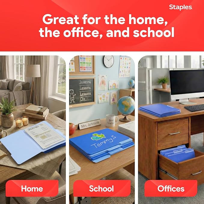 Staples File Folders, Letter Size, 1/3‑Cut Top Tabs, Blue, Durable 10.5‑Point Paper Stock, 100/Pack
