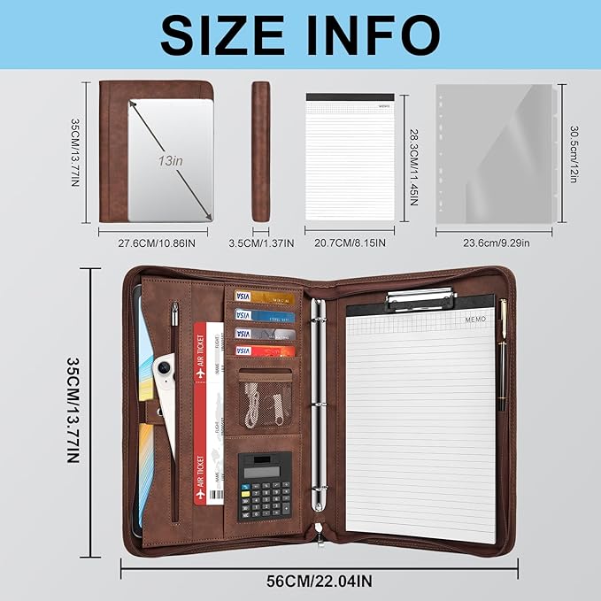 Eshow Portfolio Organizer - 3 Ring Binder with Zipper, Vegan Leather Business Padfolio Folder with Notepad Includes 5 Clear Sheet Protectors for Documents Files for Men Women