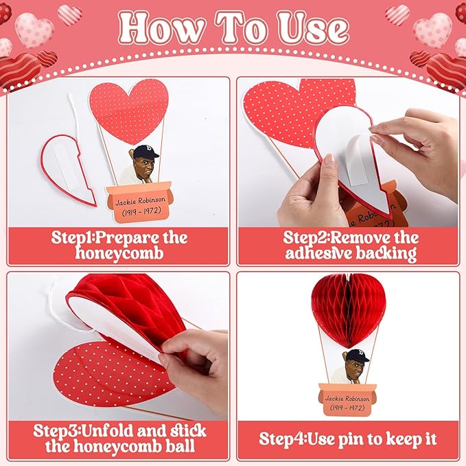 3D Valentine's Day Black History Month Bulletin Board Set Heart Shaped Honeycomb Balls Famous African American Classroom Decoration Inspirational Cutouts for School Home Chalkboard Wall Decor Supplies