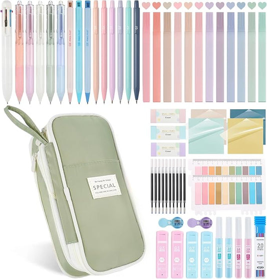 58 PCS Aesthetic School Supplies with Cute Pencil Case,12 Pastel Highlighters, 5 Gel Pens Black Ink，9 Mechanical Pencils for， Student Stationary ，CollegeEssentials Gifts (Green)