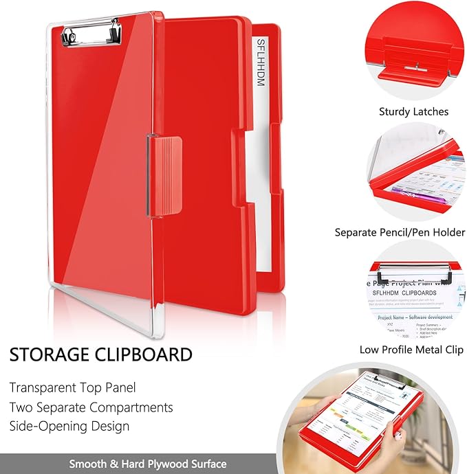 SFLHHDM Clipboard with Storage,Heavy Duty Clip Boards 8.5x11 with 2 Storage Case,Clear Visible Panel Storage Clipboards,Side Opening Nursing Clipboard Folder for Office Supplies-Red