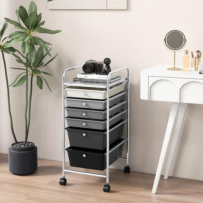 COSTWAY 6-Drawer Rolling Storage Cart, Multifunctional Art Craft Tools Organizer on Wheels, Heavy Duty Utility Mobile Storage Trolley w/ 2 Lockable Wheels for Home Office School, Mixed Black
