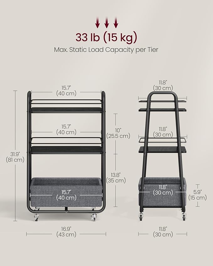 VASAGLE LILEA Collection - Storage Cart with Fabric Basket, 3-Tier Rolling Utility Cart with Wheels and Shelves, for Living Room Bedroom Kitchen, Ebony Black and Slate Gray ULRC001BE02