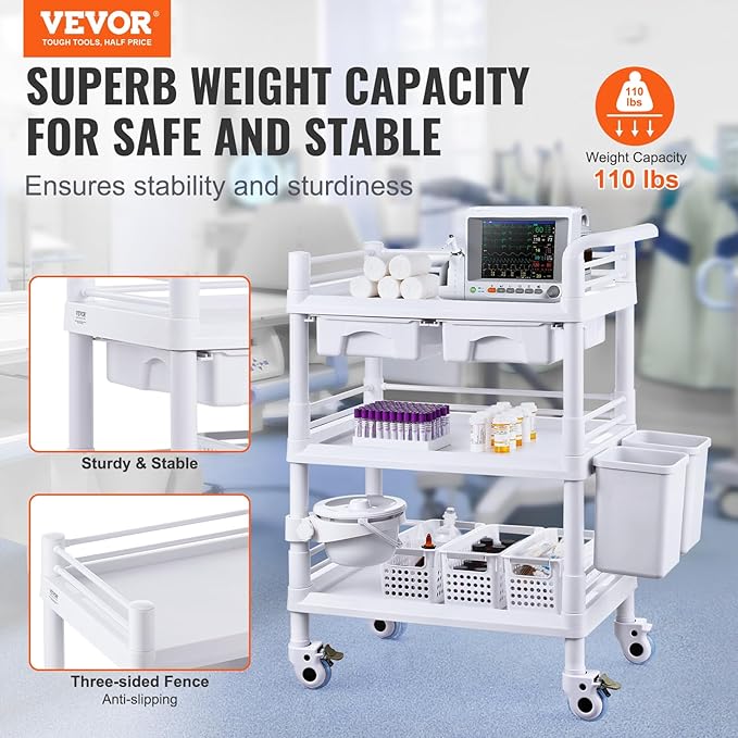 VEVOR Medical Mobile Trolley Cart with 2 Drawers & 3 Trash Cans, 3 Tiers Beauty Salon Rolling Trolley with 4 Silent Wheels & 2 Dirts Bucket & Bowl, Medical Utility Cart for Hospital Dental Clinic Lab