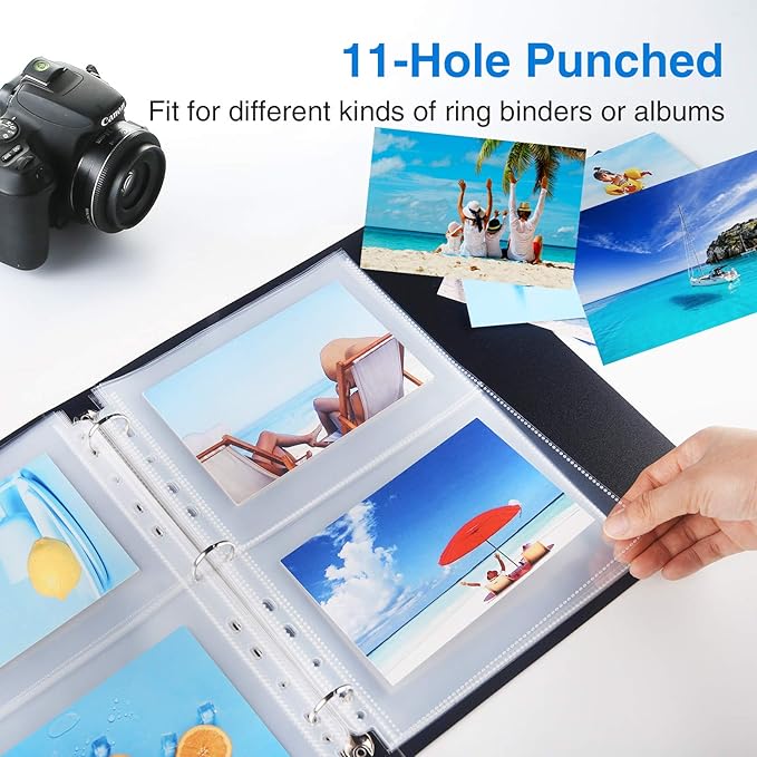 Sooez 100 Pack Heavy Duty Photos or Postcards Page Protectors, Plastic Clear Photo Holder Sleeves for 3 Ring Binder, Two 5'' x 7'' Pockets Per Page, Load from Top Perfect for Checking & Organizing