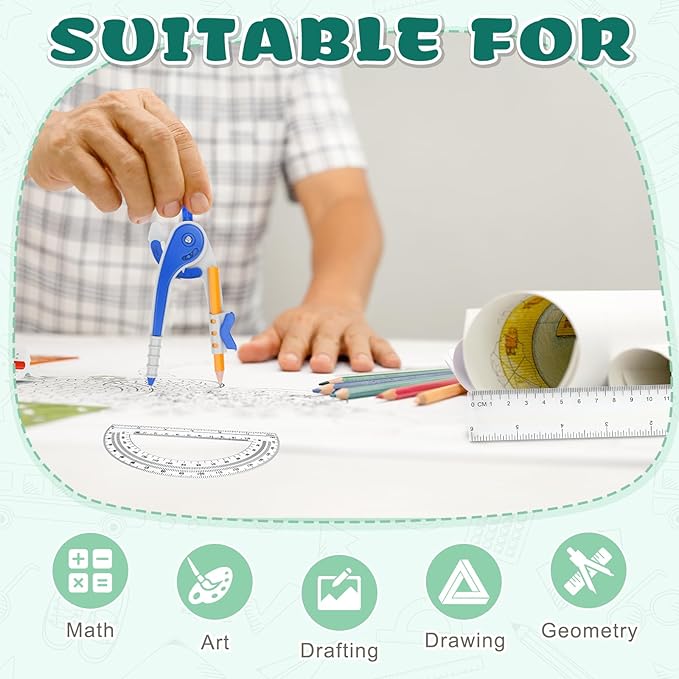 72 Pack Math Compass & Protractor Geometry Math Plastic Ruler Set Drawing Compass with Pencils 6 Inch Plastic Protractor for Geometry Bulk for Office Woodworking Art Drawing