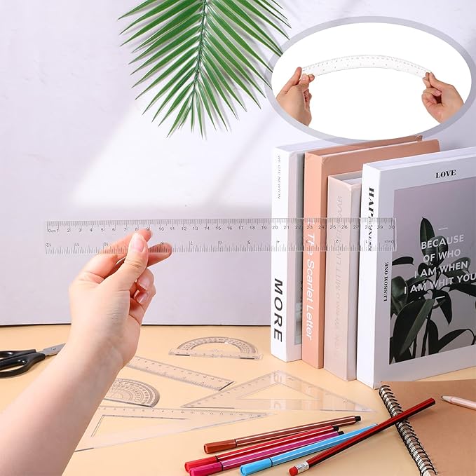 6pcs Transparent Plastic Geometry Kit Plastic Clear Ruler Math Set, Includes 6/12 Inch Straight Rulers, 2 Protractors 180 Degree, 2 Triangle Rulers Measuring Tool for Office Home Drawings