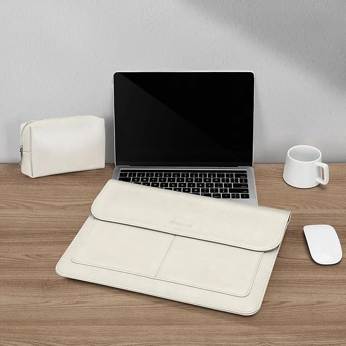 MOSISO Laptop Case 13.3 inch, 13-13.3 inch Laptop Sleeve Compatible with MacBook Air/Pro 13 / Pro 14, HP Dell ASUS Lenovo Notebook, PU Leather Flap Carrying Case with Stand&Small Pouch, Beige