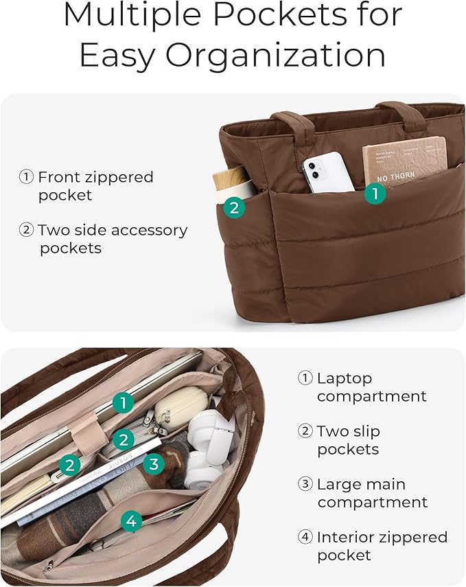 BAGSMART Tote Bag for Women, Lightweight Puffy Tote Bag with Compartments Shoulder Bag Handbag for Travel, Work, Gym | Lightweight, Puffy, Quilted, for Travel, Work